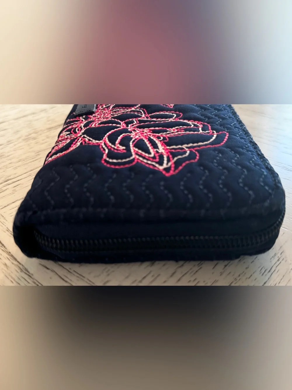 Vera Bradley Classic Navy Quilted Floral Embroidered RFID Zip Around Wallet